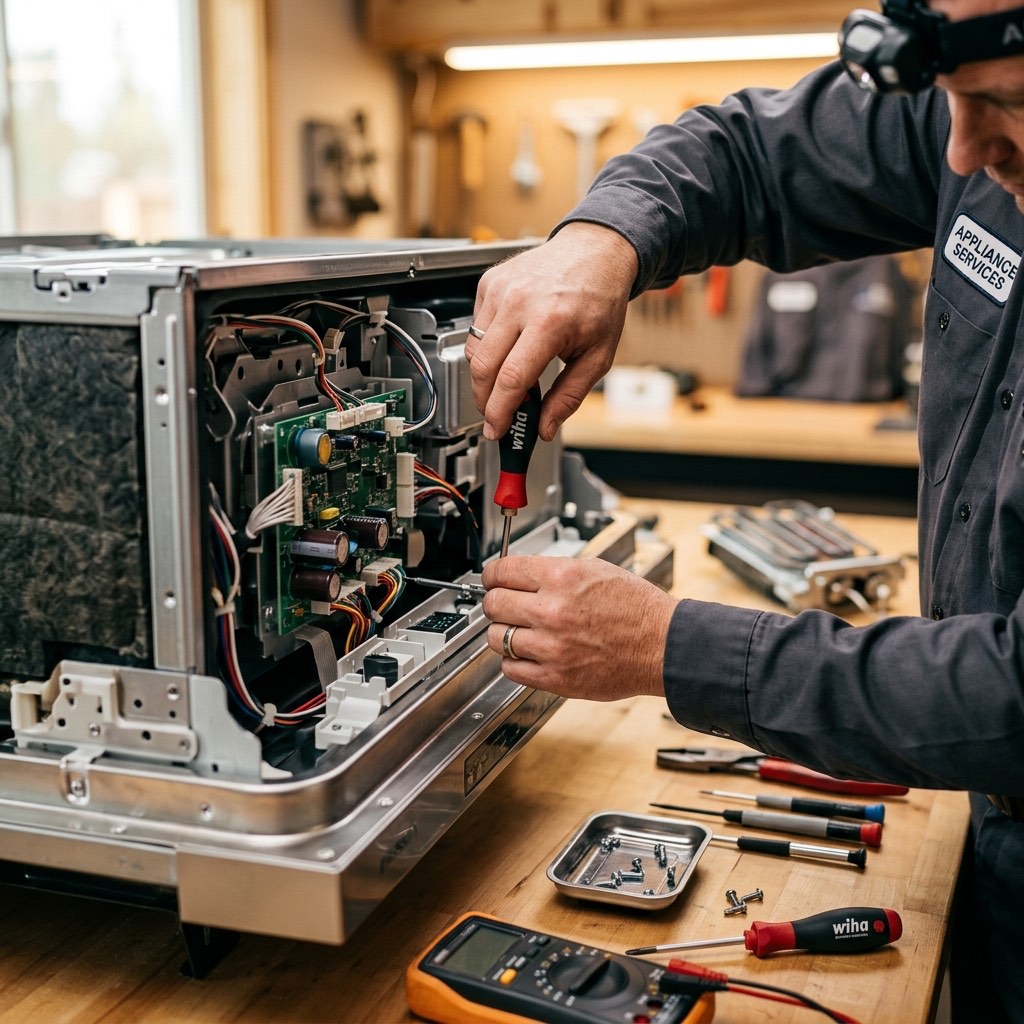 Close up of a skilled technician repairing an appliance circuit board