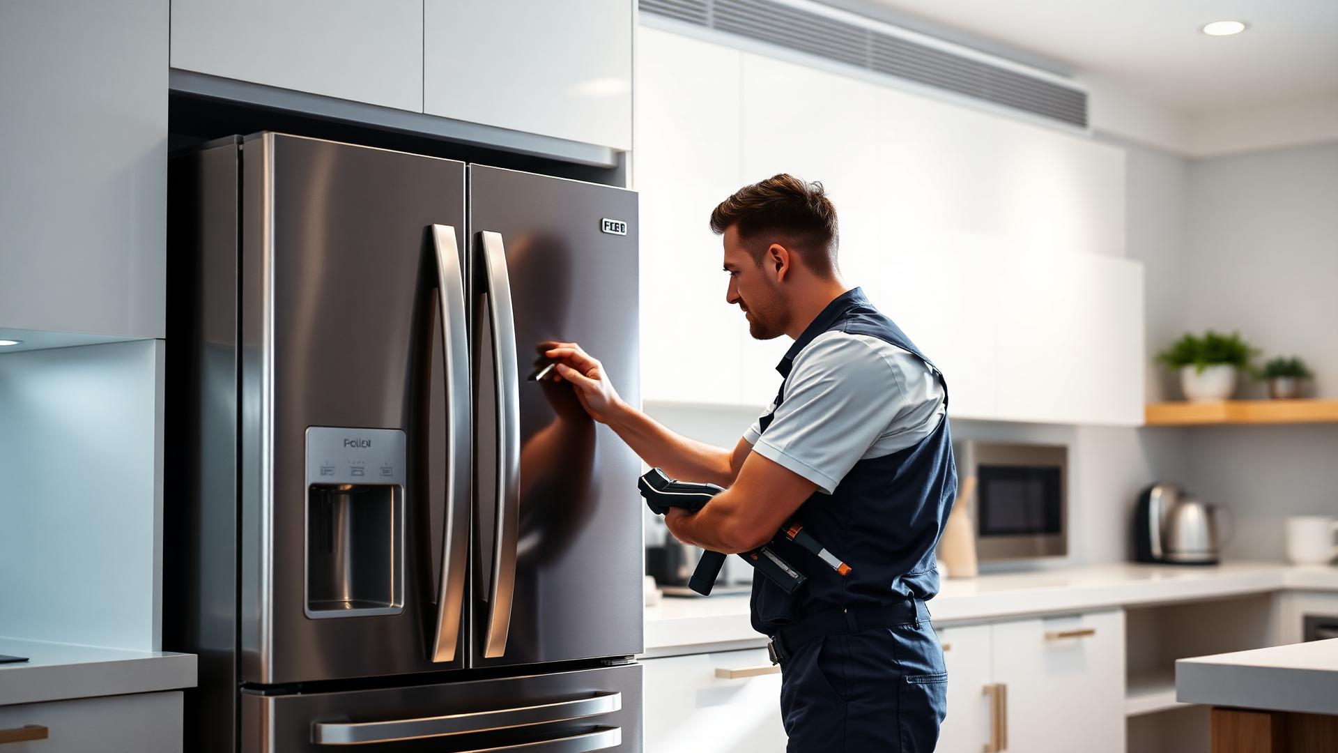 FixConnect technician repairing a stainless steel refrigerator